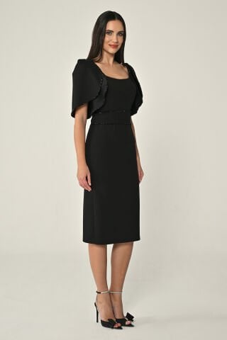 Dökümlü Kol Şerit Taşlı Krep Midi Elbise