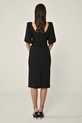 Dökümlü Kol Şerit Taşlı Krep Midi Elbise