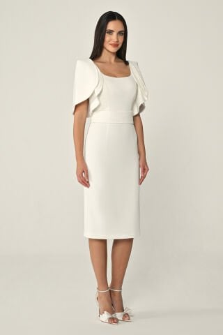 Dökümlü Kol Şerit Taşlı Krep Midi Elbise