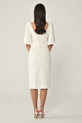 Dökümlü Kol Şerit Taşlı Krep Midi Elbise