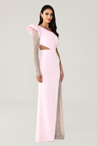 Tek Transparan Kol Yırtmaçlı Uzun Elbise Pembe - 42