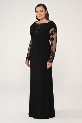Uzun Boncuklu Tül Kol Krep Uzun Elbise Siyah - 48