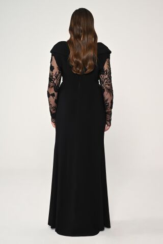 Uzun Boncuklu Tül Kol Krep Uzun Elbise Siyah - 48