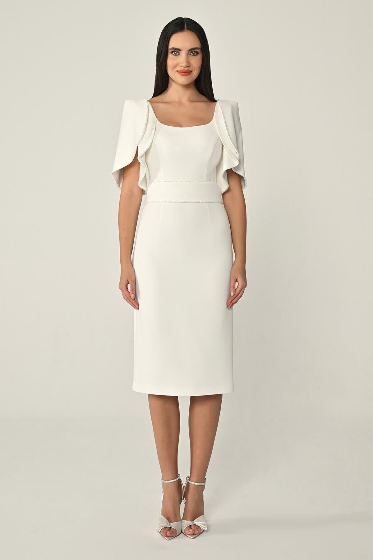 Dökümlü Kol Şerit Taşlı Krep Midi Elbise