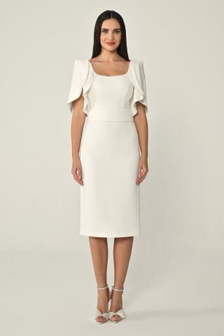 Dökümlü Kol Şerit Taşlı Krep Midi Elbise