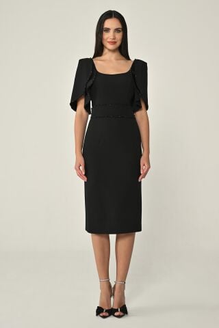 Dökümlü Kol Şerit Taşlı Krep Midi Elbise