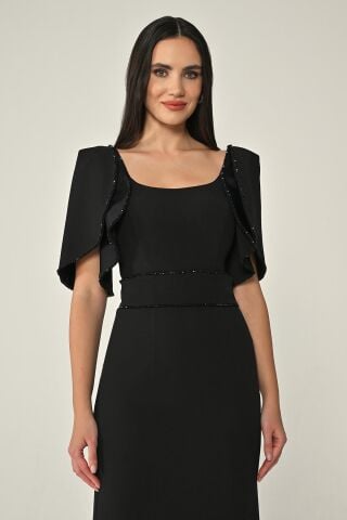 Dökümlü Kol Şerit Taşlı Krep Midi Elbise