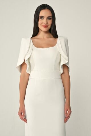 Dökümlü Kol Şerit Taşlı Krep Midi Elbise