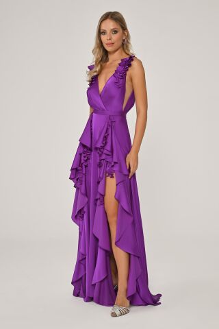 Çift Yırtmaçlı Çiçek Aksesuarlı Saten Uzun Elbise Mor - 36