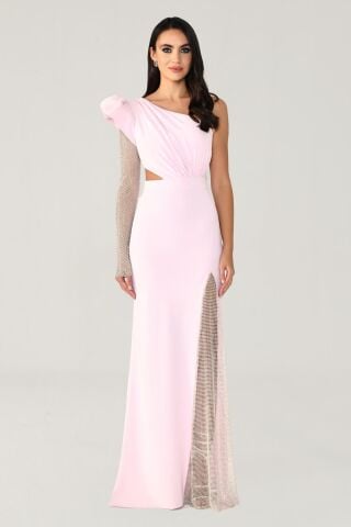 Tek Transparan Kol Yırtmaçlı Uzun Elbise Pembe - 44