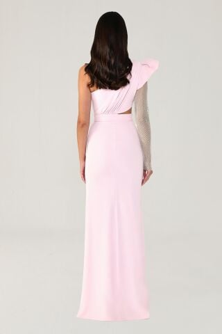 Tek Transparan Kol Yırtmaçlı Uzun Elbise Pembe - 44