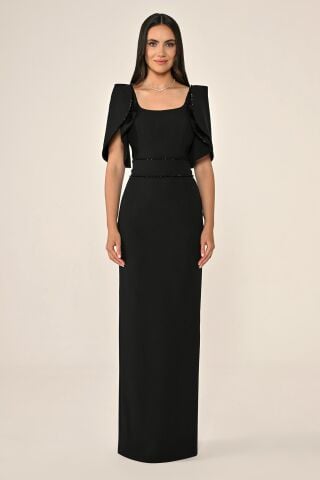 Dökümlü Kol Şerit Taşlı Krep Uzun Elbise