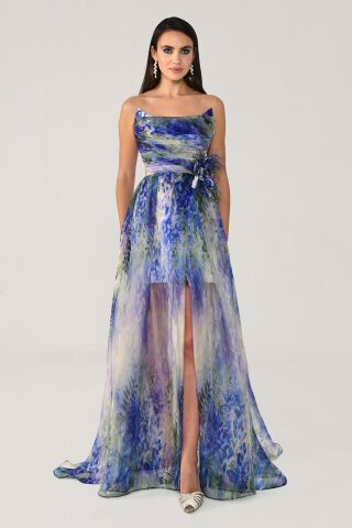 Kayık Yaka Önden Yırtmaçlı Desenli Şifon Elbise MOR / YEŞİL - 44