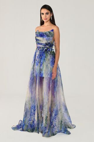 Kayık Yaka Önden Yırtmaçlı Desenli Şifon Elbise MOR / YEŞİL - 44