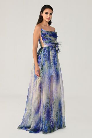 Kayık Yaka Önden Yırtmaçlı Desenli Şifon Elbise MOR / YEŞİL - 44