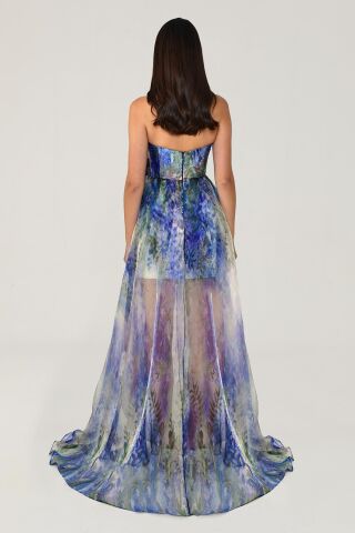 Kayık Yaka Önden Yırtmaçlı Desenli Şifon Elbise MOR / YEŞİL - 44