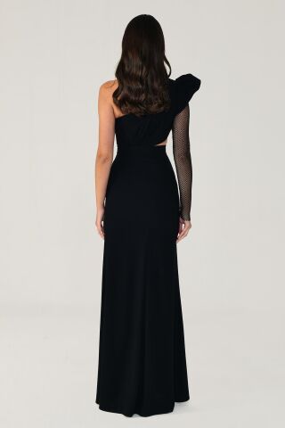 Tek Transparan Kol Yırtmaçlı Uzun Elbise Siyah - 42