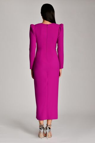 V-Ausschnitt Langarm Schlitz Langes Kleid Lila - 44