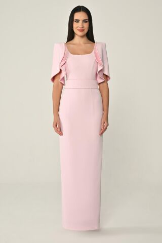 Dökümlü Kol Şerit Taşlı Krep Uzun Elbise