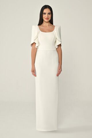 Dökümlü Kol Şerit Taşlı Krep Uzun Elbise