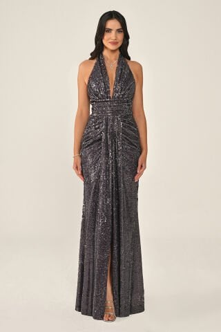 Boyundan Askılı V Yaka Drapeli Payet Uzun Elbise