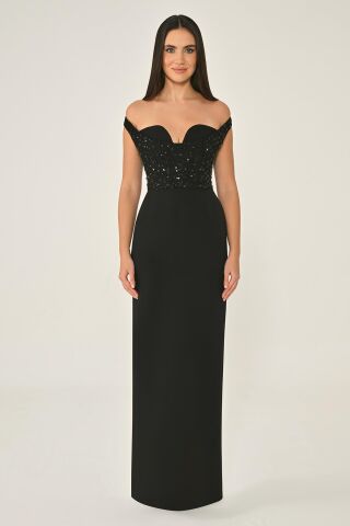 Düşük Omuz Üstü Taşlı Krep Uzun Elbise Siyah - 44
