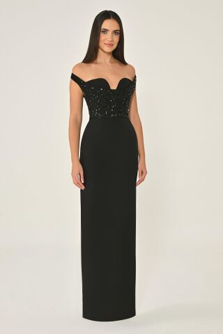 Düşük Omuz Üstü Taşlı Krep Uzun Elbise Siyah - 44
