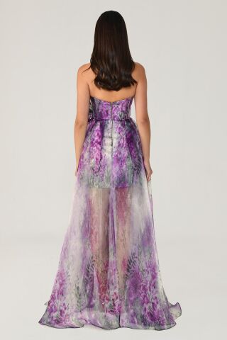 Kayık Yaka Önden Yırtmaçlı Desenli Şifon Elbise FUŞYA / YEŞİL - 40