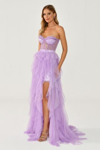 Straplez Yırtmaçlı Katlı Tül Elbise AÇIK LİLA - 42