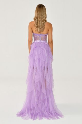 Straplez Yırtmaçlı Katlı Tül Elbise AÇIK LİLA - 42