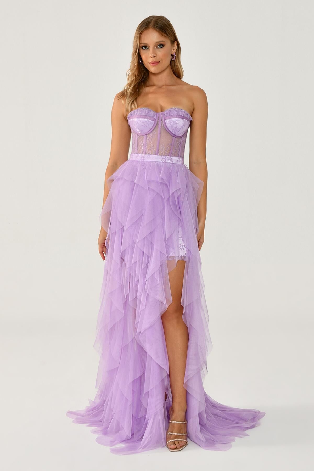 Straplez Yırtmaçlı Katlı Tül Elbise AÇIK LİLA - 44