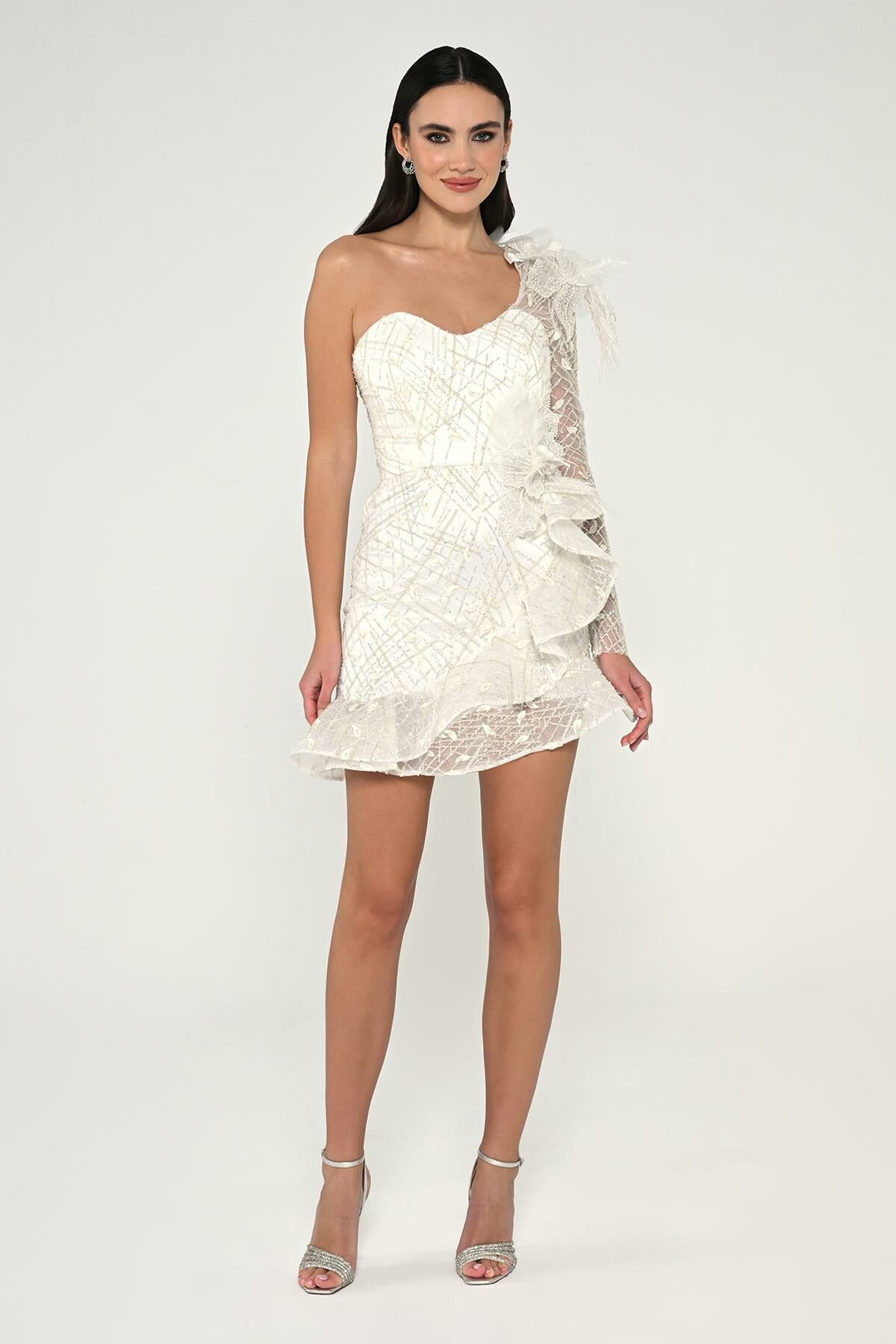 Single Sleeve Stoned Feather Short Dress