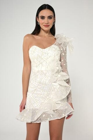 Tek Kol Taşlı Tüylü Kısa Elbise