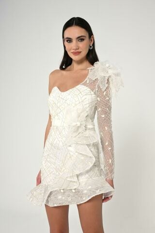 Single Sleeve Stoned Feather Short Dress