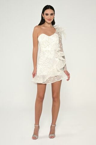 Single Sleeve Stoned Feather Short Dress