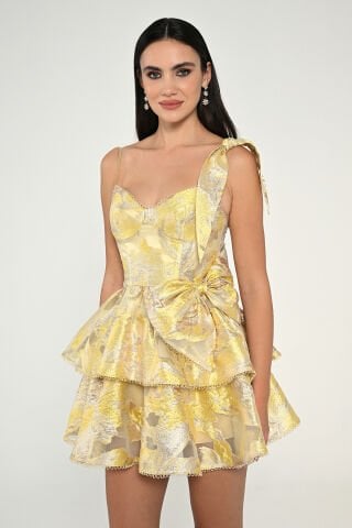 Askılı Fiyonklu Katlı Etek Jakar Kumaş Kısa Elbise