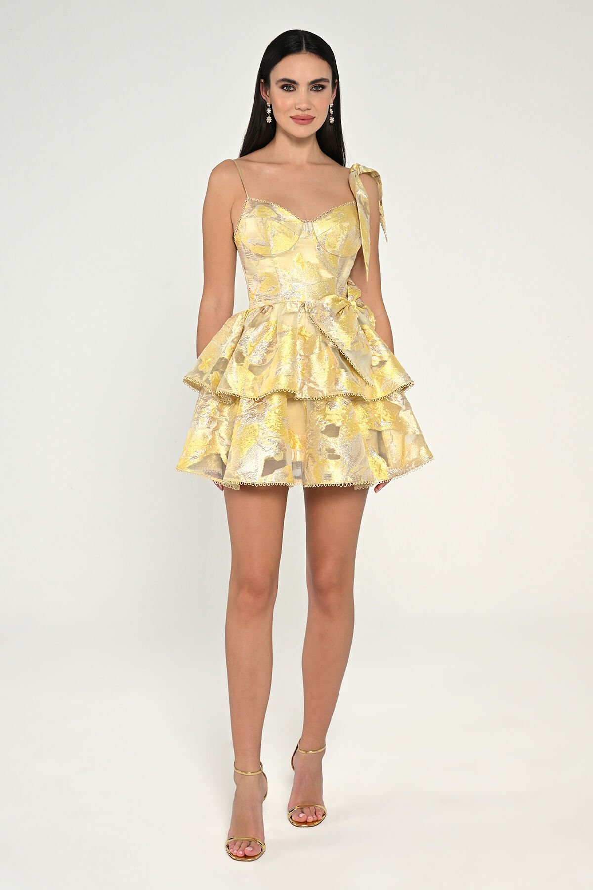 Askılı Fiyonklu Katlı Etek Jakar Kumaş Kısa Elbise