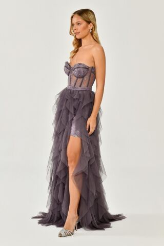 Straplez Yırtmaçlı Katlı Tül Elbise Koyu Lila - 36