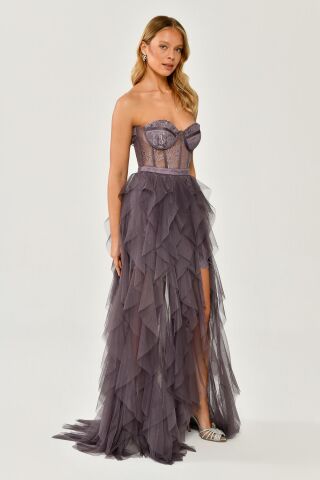 Straplez Yırtmaçlı Katlı Tül Elbise Koyu Lila - 36