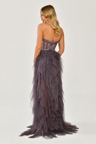 Straplez Yırtmaçlı Katlı Tül Elbise Koyu Lila - 36