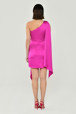 Tek Omuz Düğüm Detaylı Yırtmaçlı Saten Elbise Fuşya - 36