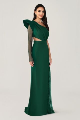 Tek Transparan Kol Yırtmaçlı Uzun Elbise ZÜMRÜT - 42