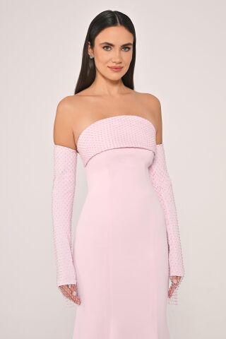 Straplez Yaka ve Kol Taşlı File Krep Uzun Elbise Pembe - 36