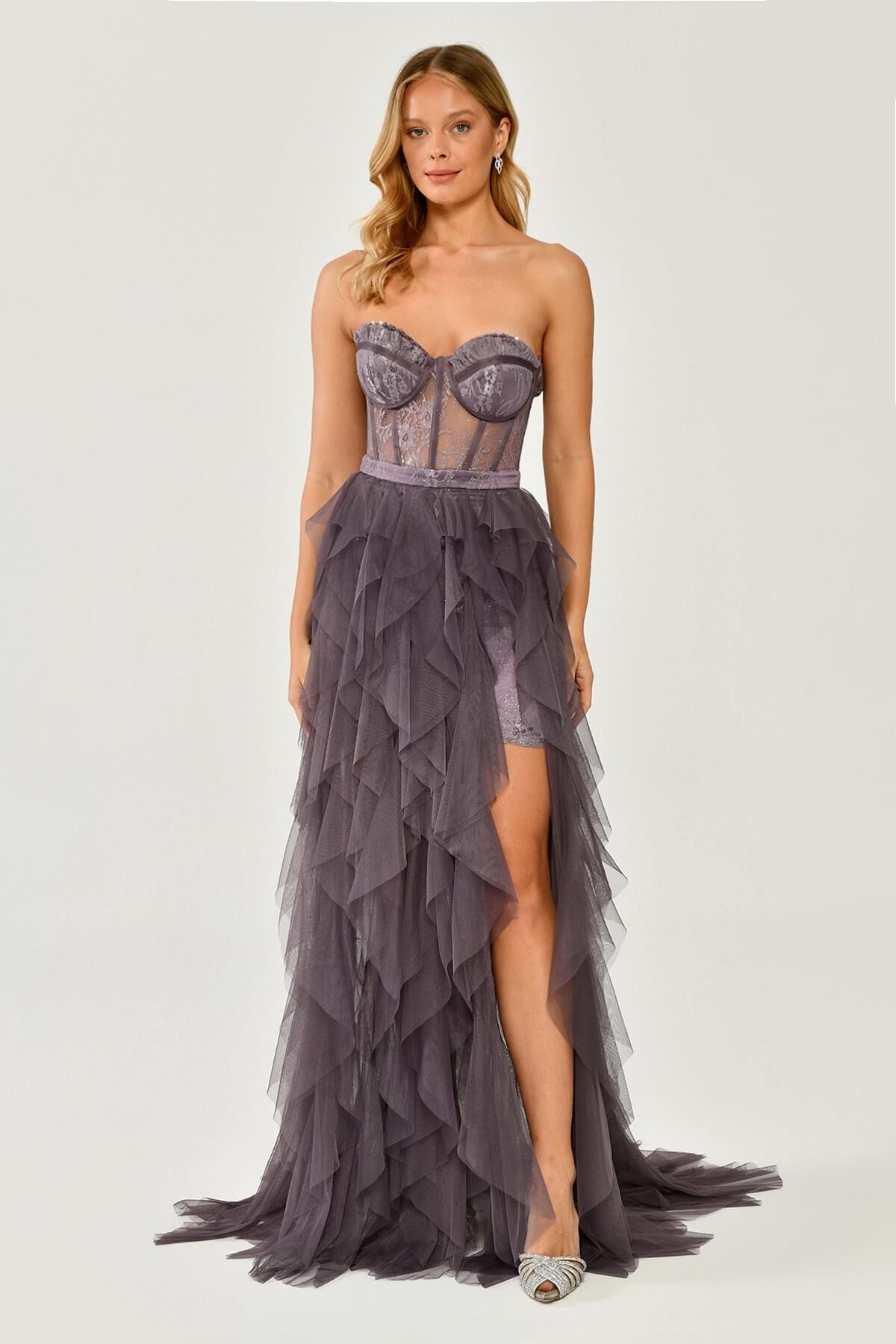 Straplez Yırtmaçlı Katlı Tül Elbise Koyu Lila - 38