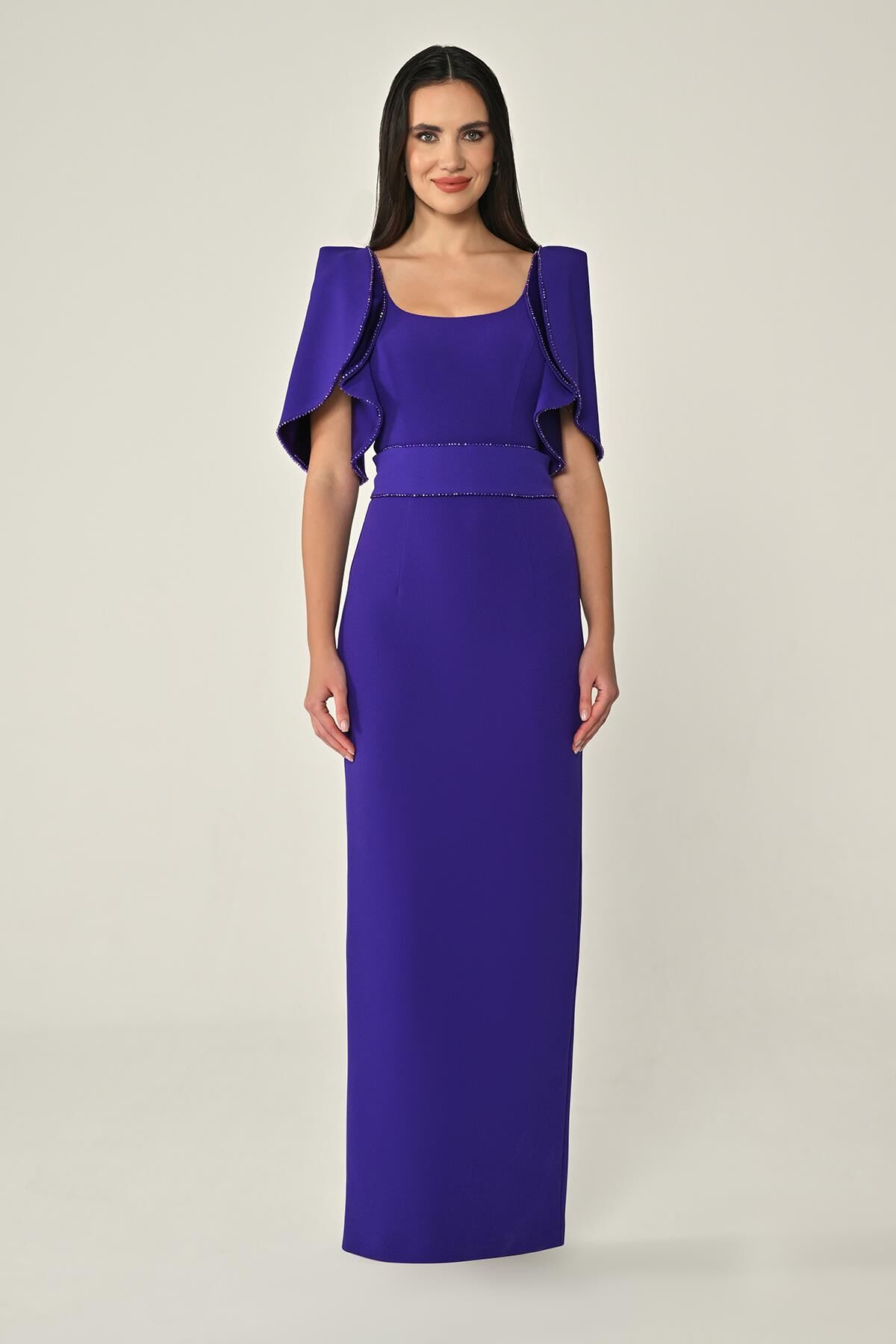 Dökümlü Kol Şerit Taşlı Krep Uzun Elbise Mor - 38