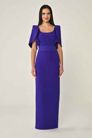 Dökümlü Kol Şerit Taşlı Krep Uzun Elbise Mor - 38