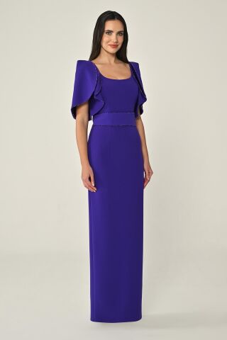 Dökümlü Kol Şerit Taşlı Krep Uzun Elbise Mor - 38