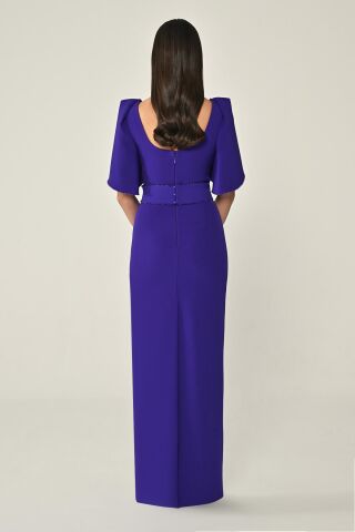 Dökümlü Kol Şerit Taşlı Krep Uzun Elbise Mor - 38