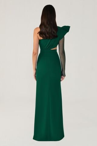 Tek Transparan Kol Yırtmaçlı Uzun Elbise ZÜMRÜT - 46