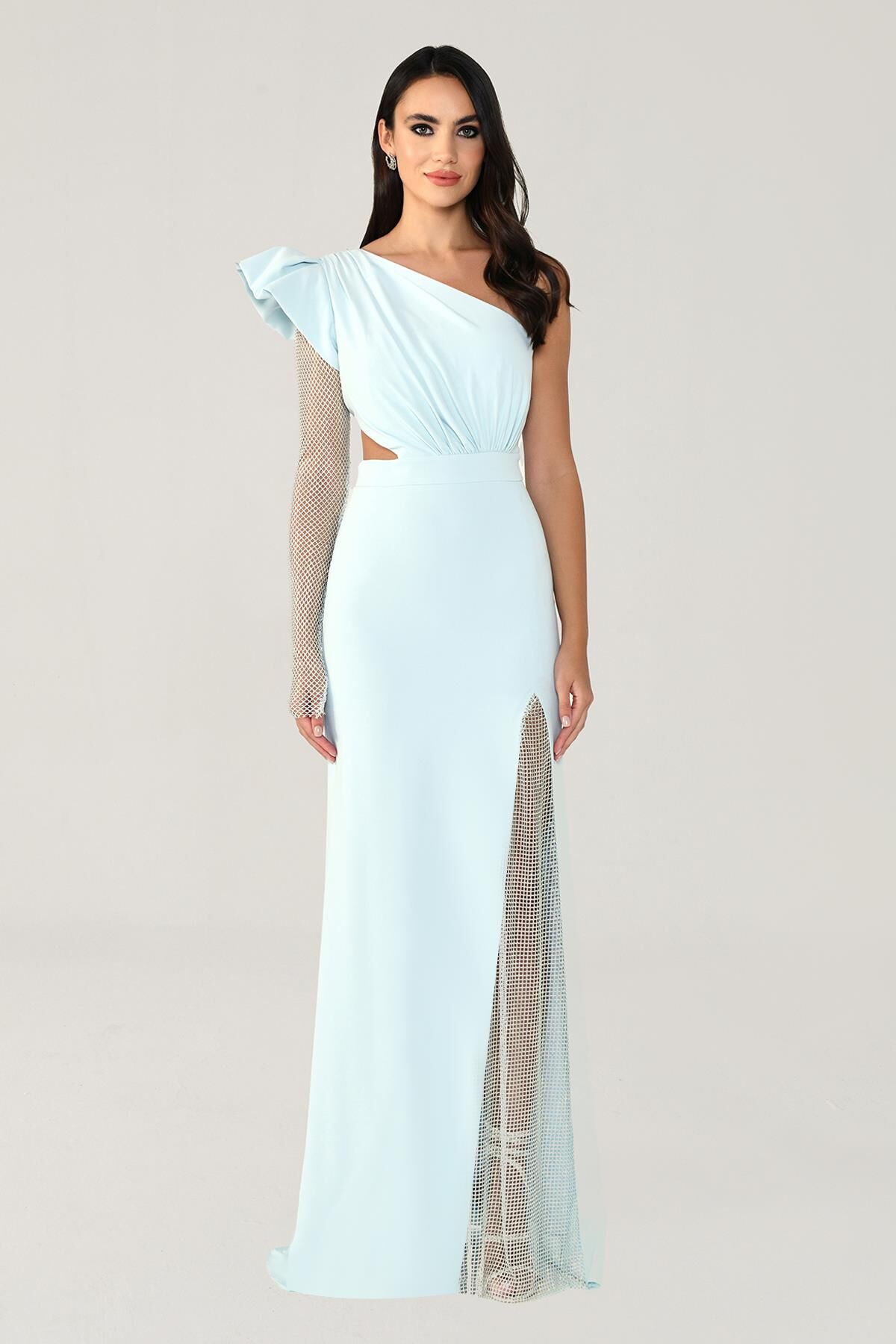 Tek Transparan Kol Yırtmaçlı Uzun Elbise AÇIK MAVİ - 38